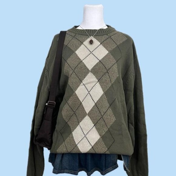 green argyle preppy indie geek academia cotton knit sweater - Picture 1 of 8